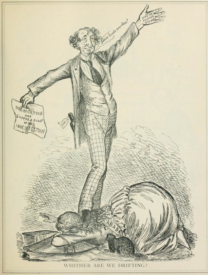 Titre original&nbsp;:    Description English: "Whither are we drifting?" Cartoonist Bengough satirizes Prime Minister John A. Macdonald's policy of delay in the wake of the Pacific Scandal. Date 16 August 1873(1873-08-16) Source Grip, August 16, 1873 Reproduced in A Caricature History of Canada, Volume I Author John Wilson Bengough, died 1923

