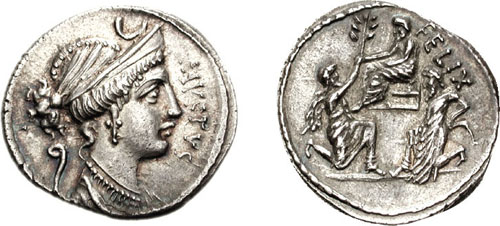 A Roman denarius, 56 BC. 