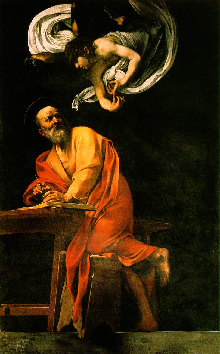 Saint Matthieu dans images sacrée The_Inspiration_of_Saint_Matthew_by_Caravaggio