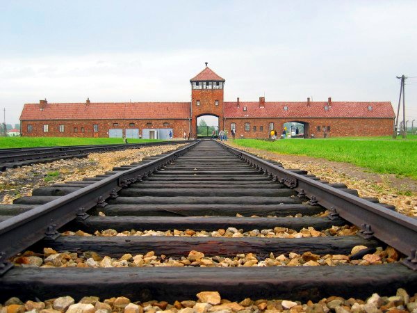 Liberation of Auschwitz - Auschwitz II - Birkenau - Access gate and main track.