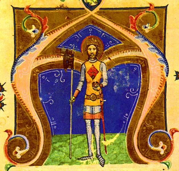 Den hellige Ladislas av Ungarn, bokmaleri (før 1360), fra Chronicon Pictum, i Nasjonalbiblioteket Széchényi i Budapest 