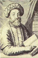 gravure ancienne noir et blanc : portrait d'un homme barbu avec un turban.