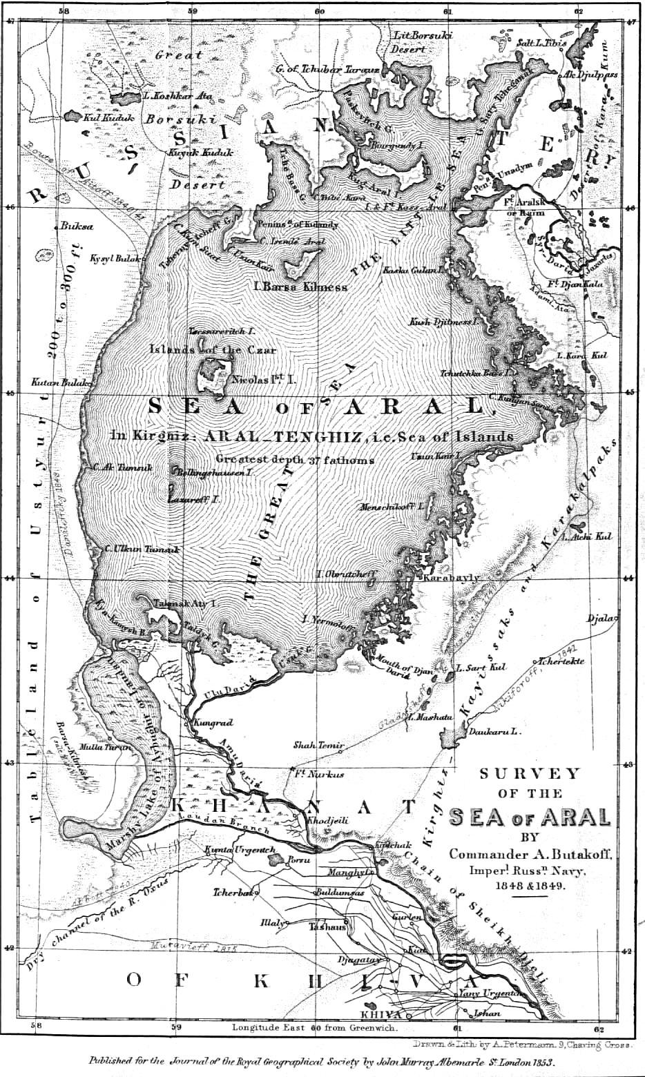 Арал теңізінің картасы, 1853 жыл, Royal Geographical Society журналы, Лондон