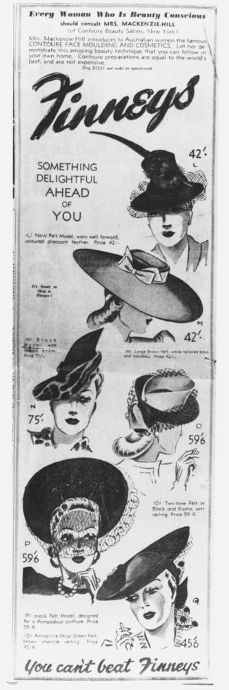 Advertisement for women's felt hats from Finneys' department store, 1941 (6834723646)