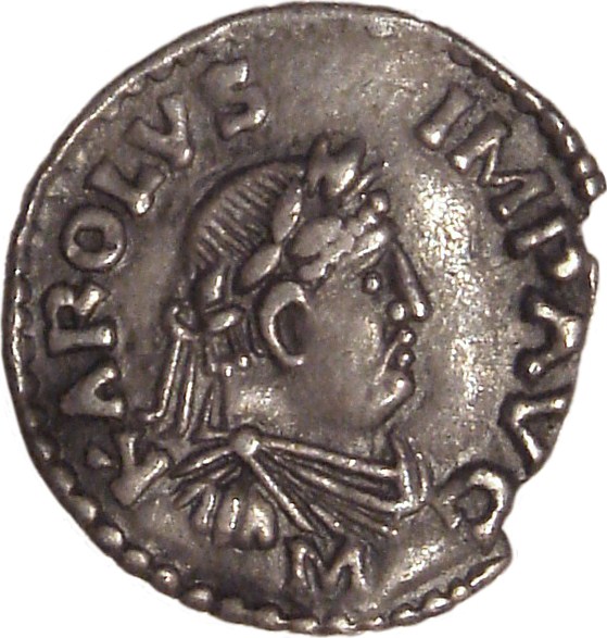 Silberpfennig, Abbildung von KAROLUS IMP AVG (Karl dem Großen zugeschrieben)