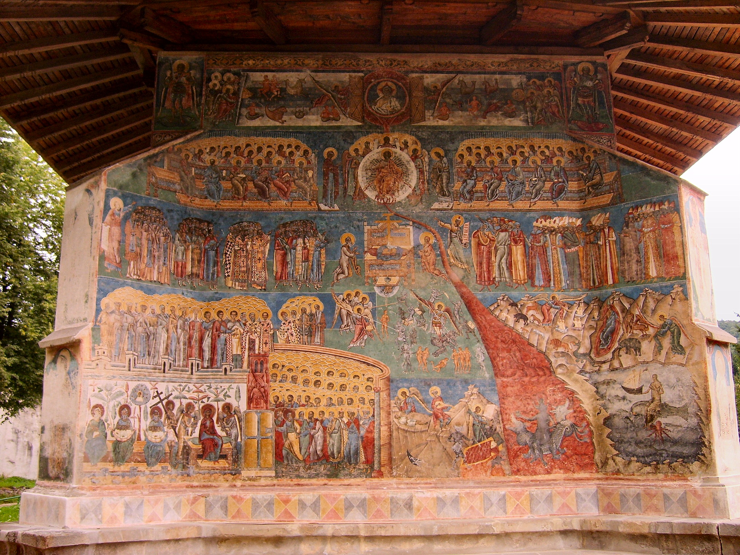 The Last Judgement, painting Orthodox Byzantine style on the walls of the monastery Voroneţ built in 1488 in Romania.