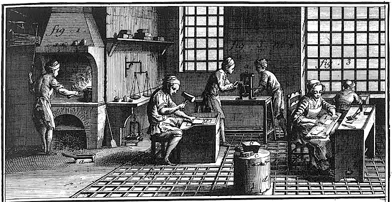 Laboratorio di battiloro (1784, Encyclopédie Diderot d'Alembert)