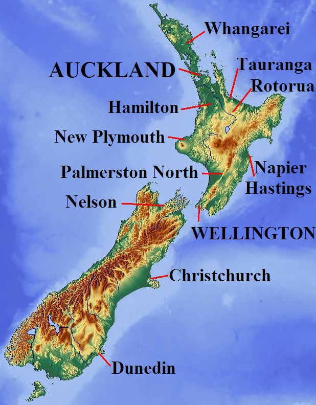 Map of New Zealand, with cities labelled.