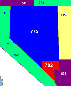 Peta kode wilayah Nevada berwarna biru (dan perbatasan negara bagian) dengan 702 berwarna merah