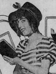 Face of a young woman, smiling, in a dark bonnet and a striped dress; she is holding a book open in one hand.