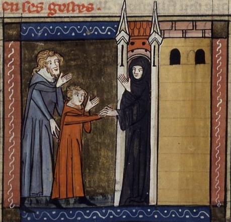 Marina (i rødt) bringes til et kloster av sin far Eugenius, fransk manuskript fra 1300-tallet