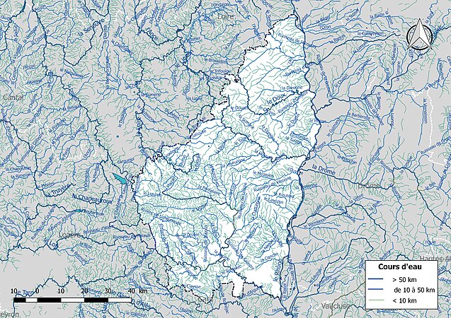 Carte de l'ensemble du réseau hydrographique de l'Ardèche.