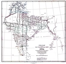 Карта сети триангуляции, охватывающей Индию.