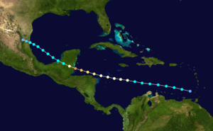 Hurrikaanin reitti. Reittikartan pallot on väritetty Saffirin–Simpsonin asteikon mukaan. 012345