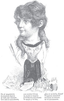 Caricature of Adela Castell by Charles Schütz published in Caras y Caretas, 25 January 1891