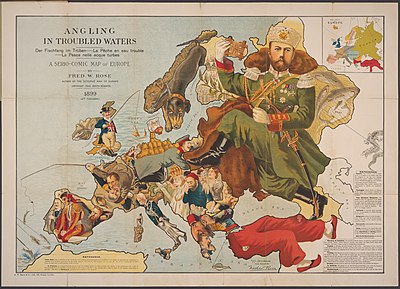 Satirická mapa Evropy z roku 1899 s metaforou „rybaření“ alegoricky ilustruje politickou situaci včetně napětí mezi státy vázanými v aliancích před koncem koloniální hegemonie. Personifikací Ruska je Mikuláš II., Německa Vilém II., Británie John Bull a Itálie Umberto I.