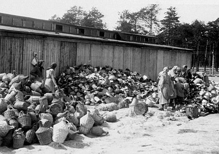Сортировка багажа заключённых у лагерных бараков «Канада».