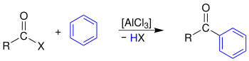 Взаємодія галогенангідридів з бензеном