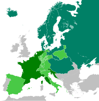 Mapa Europy. Zasięg blokady kontynentalnej w 1810 roku. Blokada obejmowała cały kontynent oprócz Portugalii i Imperium Osmańskiego.