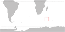 Carte de l'hémisphère sud, montrant l'archipel Crozet en rouge.