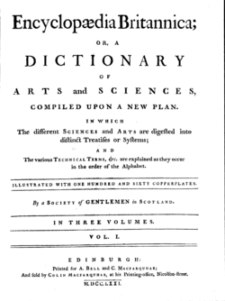 עמוד השער של המהדורה הראשונה של האנציקלופדיה בריטניקה