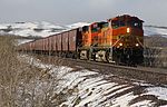 An eastbound BNSF grain train near the Durham Road crossing on the Blackfoot Reservation near Browning, Montana, in January 2013