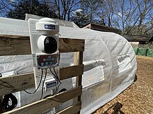 Cameras and environmental sensors help students and teachers monitor land lab conditions in real time. This sensor takes photos of growing plants, records humidity / temperature / soil moisture and light levels.