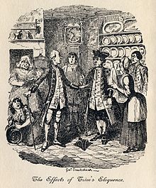 "The Effects of Trim's Eloquence". George Cruikshank's illustration to Laurence Sterne's The Life and Opinions of Tristram Shandy, Gentleman George Cruikshank - Tristram Shandy, Plate I. The Effects of Trim's Eloquence.jpg