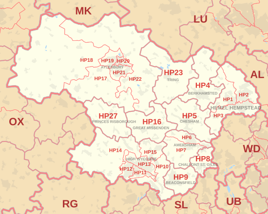 HP postcode area map, showing postcode districts, post towns and neighbouring postcode areas.