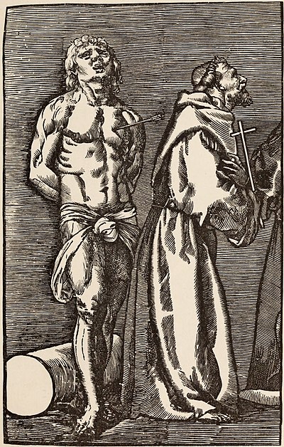 Fig. 57.—St. Sebastian and St. Francis. Portion of a print by Andreani after Titian.