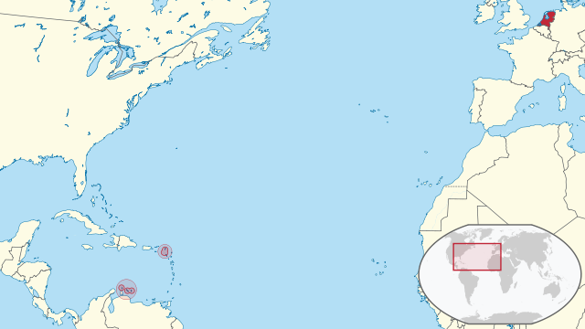 Carte administrative de l'Atlantique Nord, montrant les Pays-Bas en rouge.