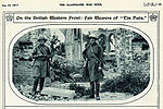 Knocker and Chisholm pose in the ruins of a church in Pervyse, Belgium for "Illustrated War News", 22 April 1917