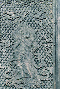 Depiction of Hindu deity Krishna playing the flute in a temple constructed in 752 CE on the order of Emperor Shomu, Todai-ji Temple, Great Buddha Hall in Nara, Japan Krishna-in-Kyoto-1.jpg