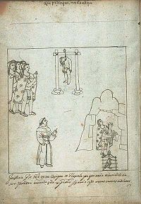  Un evangelizador observa a dos indígenas condenados por no aceptar al dios de los conquistadores. Lienzo Tlaxcala, Siglo XVI