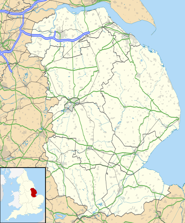 Mapa konturowa Lincolnshire, na dole znajduje się punkt z opisem „Bourne”