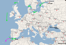 Map of oil tanker trade route from Primorsk and Ust-Luga to STS point offshore Ceuta, January 2023 Map-tanker-trade-routes-after-sanctions.png