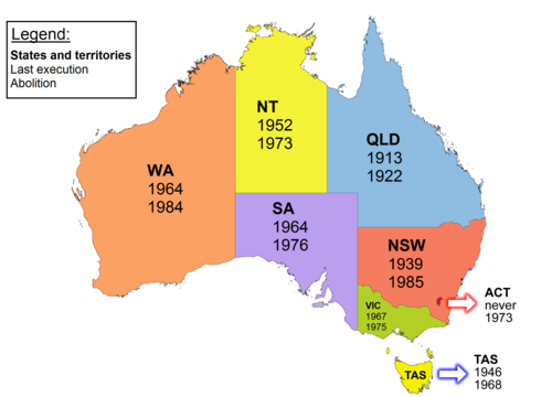 Карта с указанием года последней казни и года отмены. Дата для Нового Южного Уэльса ошибочна, последняя казнь произошла 24 августа 1939 года.