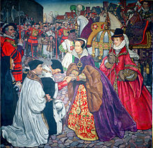 Peinture représentant deux femmes portant des robes richement brodées serrant la main de deux nobles à genoux dans la rue. Des gardes en uniforme rouge se tiennent devant la foule.