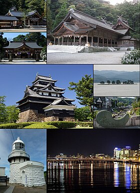 Do topo, da esquerda para a direita: Kumano Taisha, Santuário Yaegaki, Santuário Miho, Castelo Matsue, Lago Shinji (Yomegashima), Tamatsukuri onsen, Farol Mihonoseki, Vista noturna de Matsue