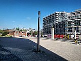 Baustelle des Wohnhauses Quartier am Nordbahnhof (re.), 2020. Bis 1969 befand sich hier eine Signalmeisterei.