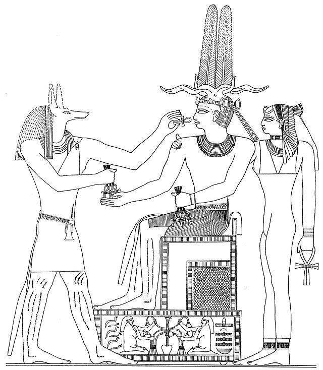 Statue du roi Niouserrê vivifiée par Anubis et Ouadjet