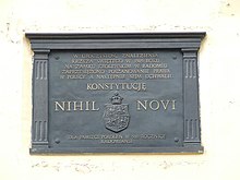 Plaque at the Radom Castle commemorating the adoption of the Nihil novi act in Radom in 1505 POL Radom castle Nihil novi.jpg