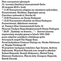 Plan uroczystości głównych 75. rocznicy likwidacji Litzmannstadt Getto 29 sierpnia 2019 Łódź MZW