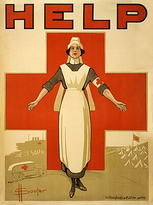 English: Poster showing a nurse, with her arms...