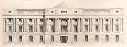 Design by Robert Abraham (1773-1850) for a new College of Arms in Trafalgar Square, at the heart of Regency London in the 1820s; the plan was not executed due to a lack of funds. Robert Abraham's design for the College of Arms in Trafalgar Square.png