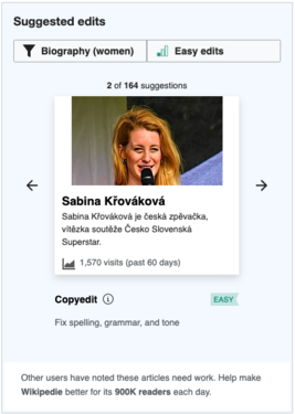 Screenshot of suggested edits module in Czech Wikipedia