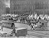 Horsecars pass an encampment of troops outside the Chicago post office ahead of the Chicago strike of 1877