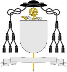 Arms of a Roman Catholic abbot are distinguished by a gold crozier with a veil attached and a black galero with twelve tassels (the galero of a territorial abbot would be green) Template-Abbot - Provost.svg