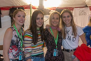 The Beaches at #ONTour/Ribfest in Riverside Park, Guelph, Ontario in August 2017; left to right: Eliza Enman-McDaniel, Jordan Miller, Kylie Miller, and Leandra Earl