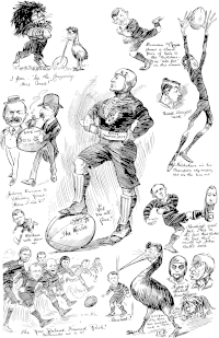 Various caricatures of rugby footballers, most prominent is a player standing proudly with one foot on a football; on the football is written "The World", and on the player's headgear "NZ" [New Zealand].